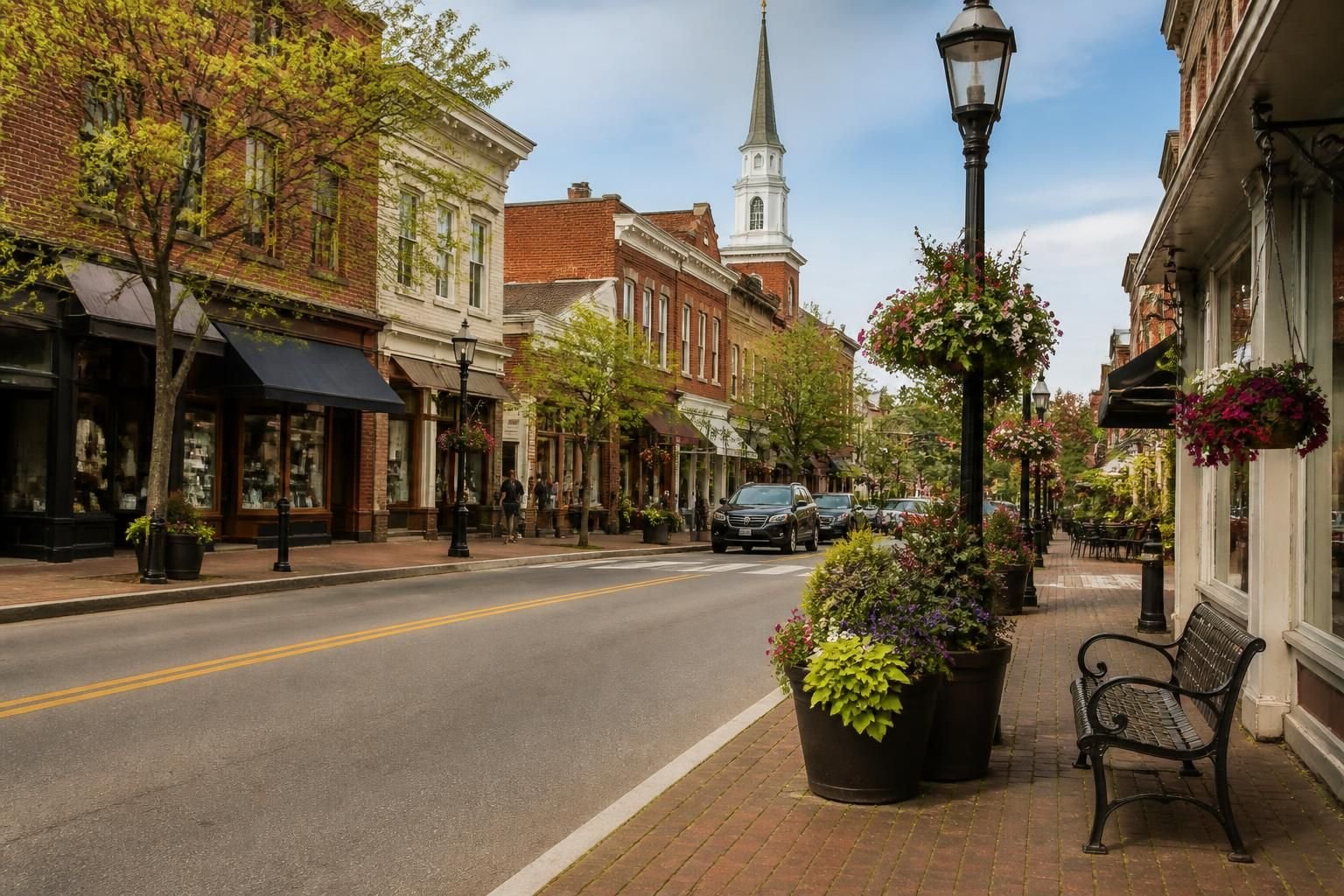 Charming market town street with well-kept buildings.