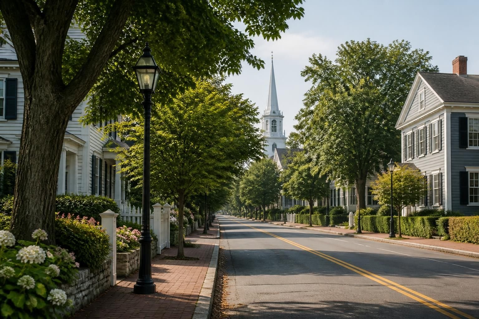 Tree-lined town street with attractive homes and calm light.