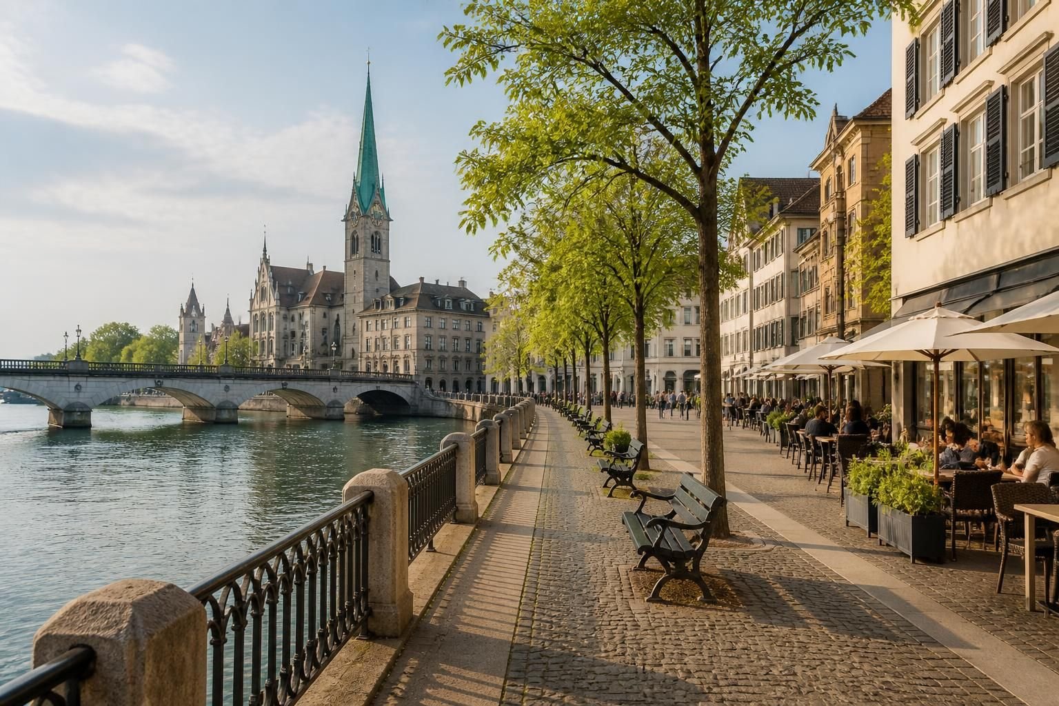 Pleasant city scene with clean walkways and buildings.