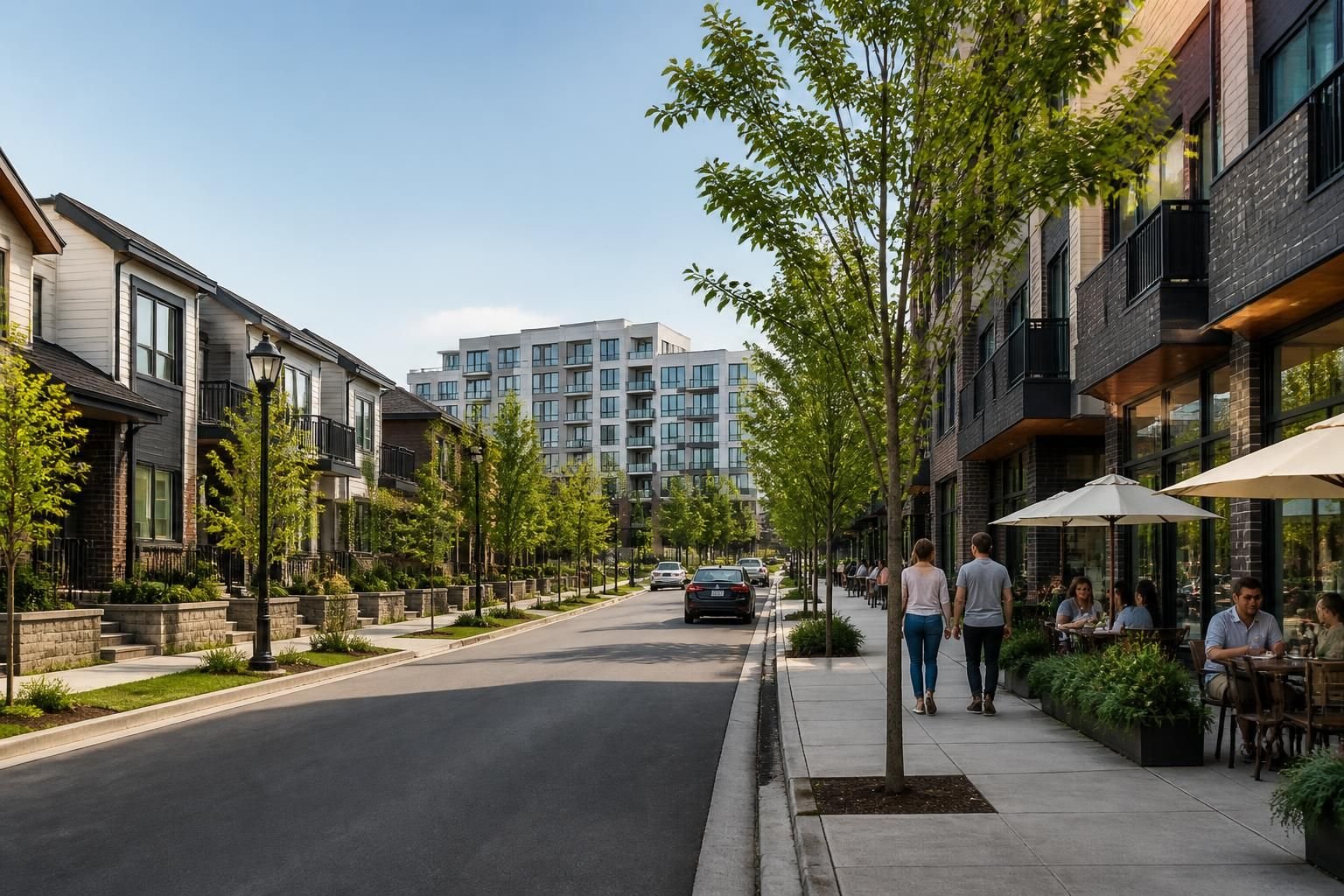 Residential district with modern architecture and tidy streets.