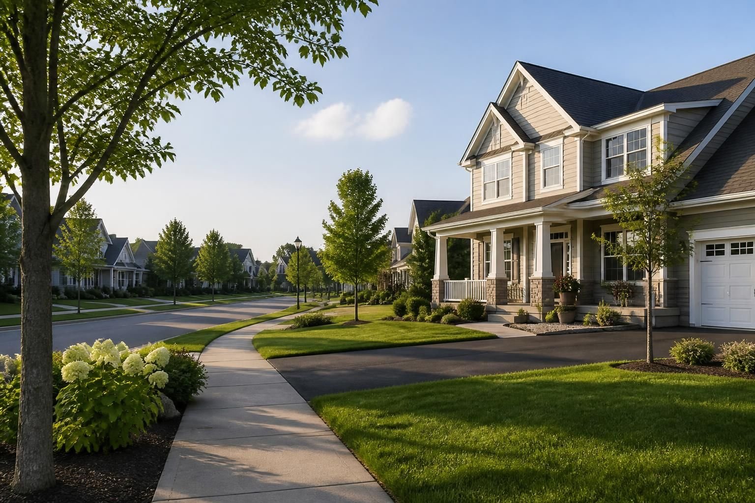 Suburban neighborhood with tidy homes and green spaces.