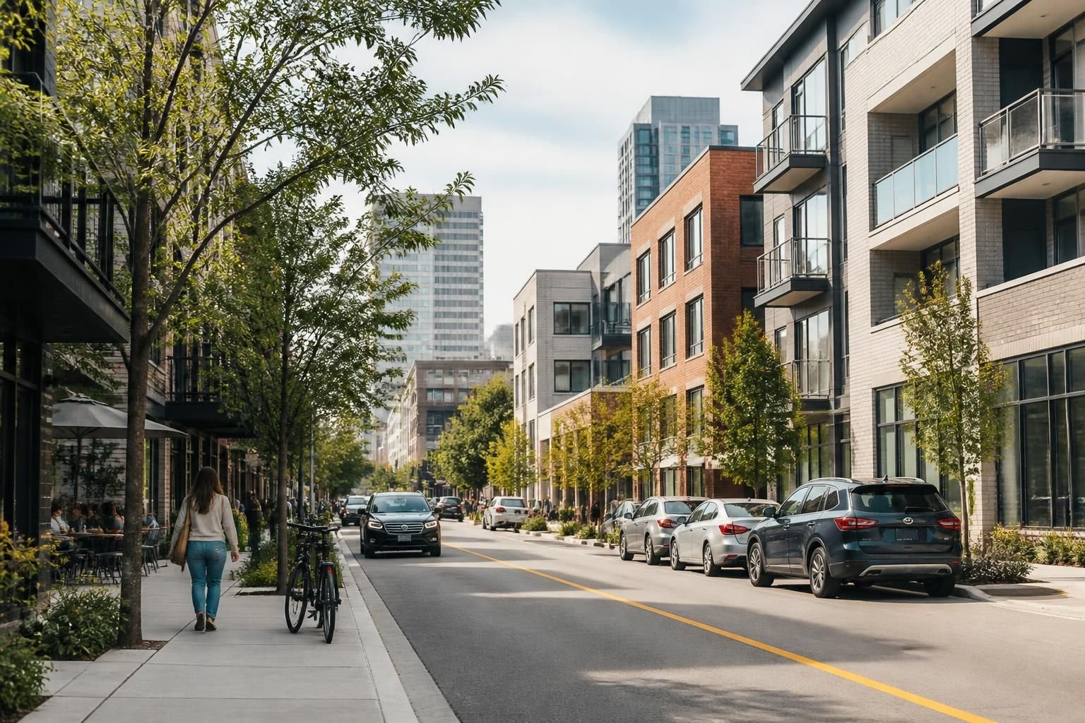 Urban neighborhood with clean streets and modern buildings.