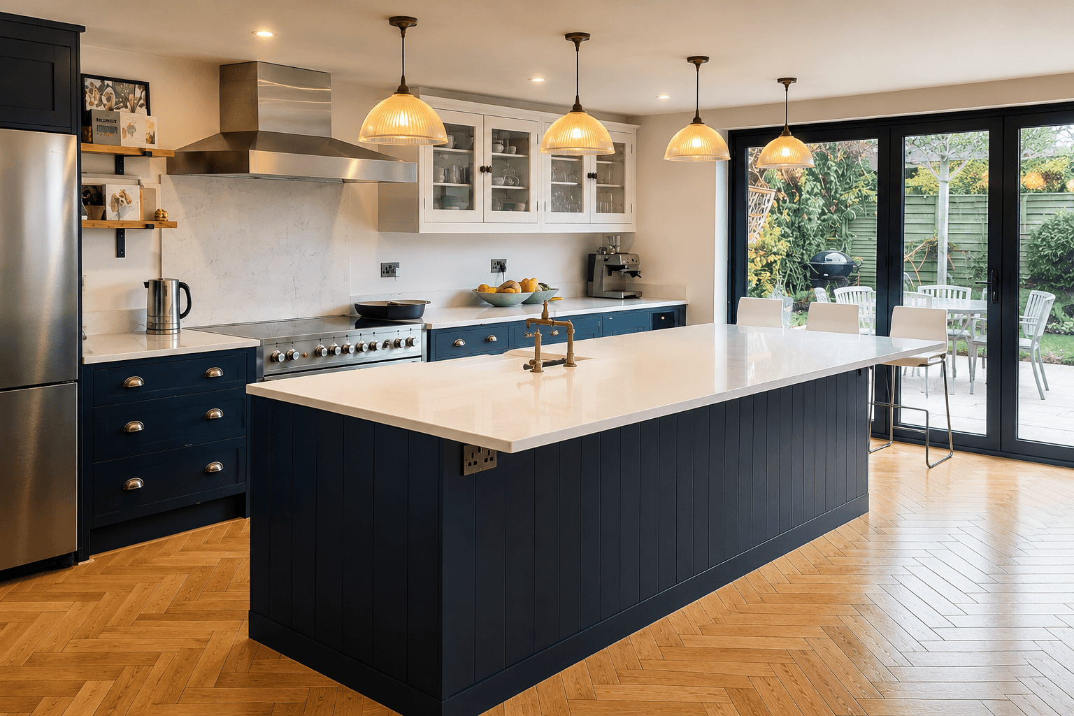 Modern open-plan kitchen after an after builders clean, featuring polished herringbone wood flooring, spotless white worktops, navy kitchen island and stainless steel appliances.