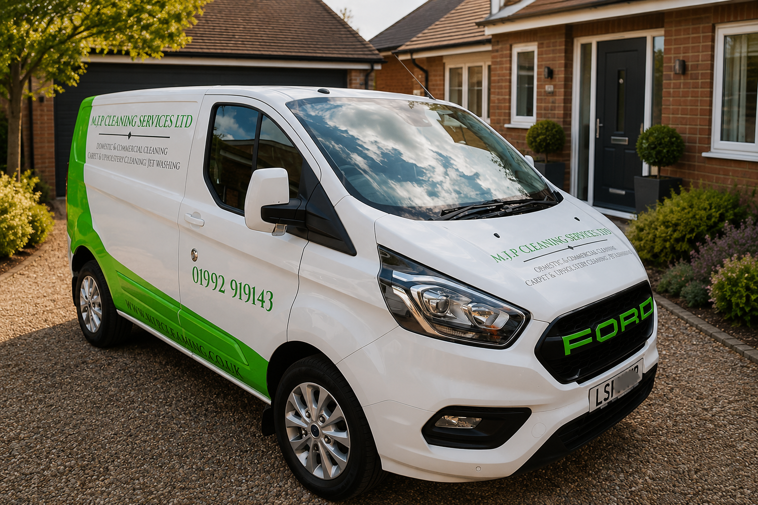 MTP Cleaning Services company van parked outside a modern home before providing professional cleaning services.