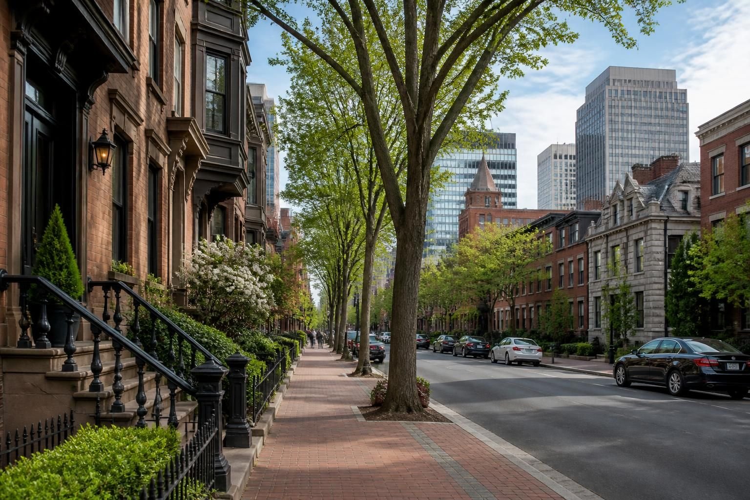 Welcoming city street with historic buildings and trees.