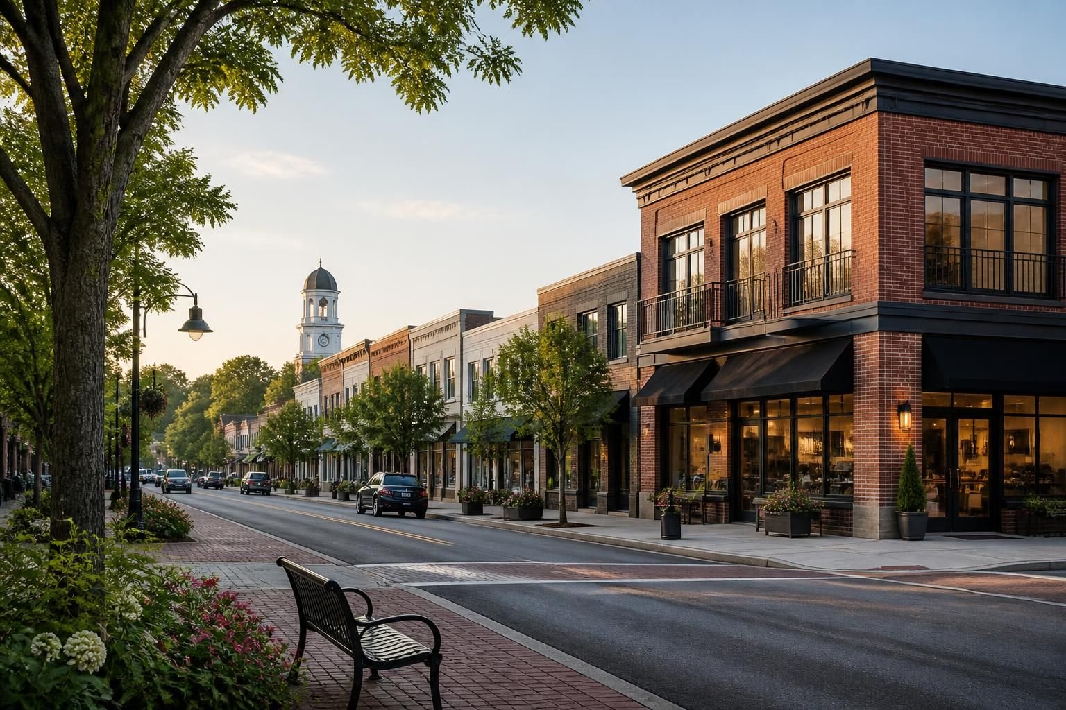 Clean town streets with contemporary buildings and greenery.