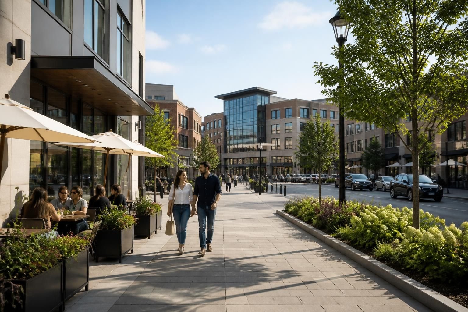 Modern town center with clean streets and buildings.